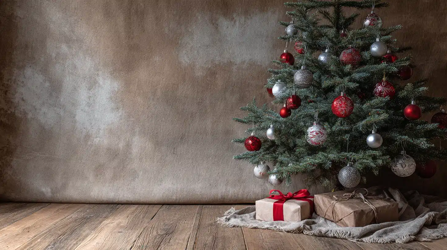 Séance photo de Noël en studio à Strasbourg, décor sapin vert et fond jute brun clair